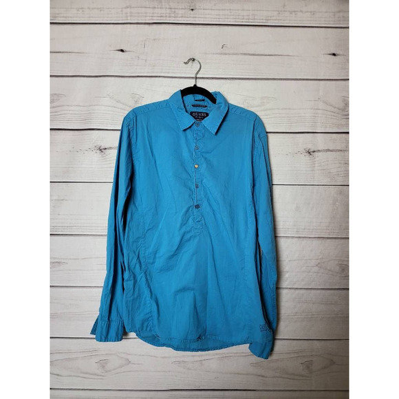 Guess Mens Popover Shirt Blue Long Sleeve Slim Fit Spread Collar Buttons‎ L - Picture 1 of 6